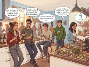 Illustration. Eine Partyszene in einer Küche. Personen unterhalten sich über Anleihen.