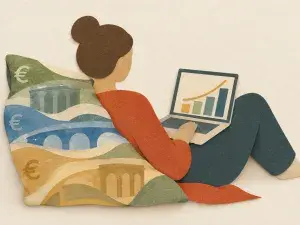 Eine Person lehnt entspannt an einem Ruhekissen aus Euro-Banknoten und blickt auf einen Laptop.